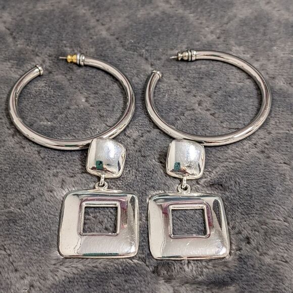 Jewelry - Vintage Bundle Silvertone Hoop & Square Earrings - 2 pair Bundle